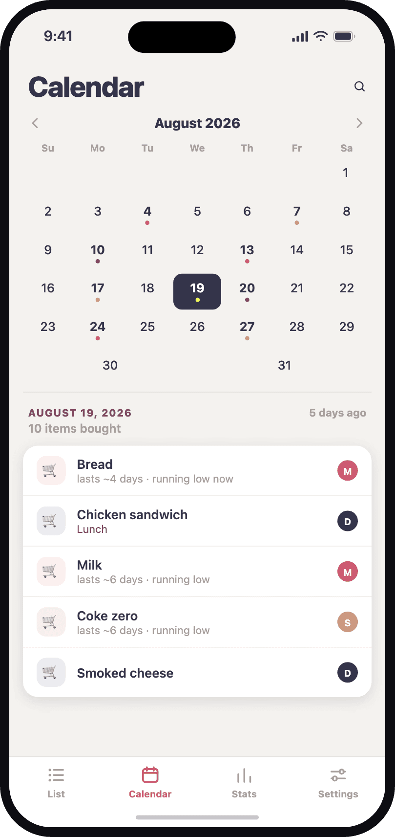 The CartPatt calendar, showing what was bought on June 6