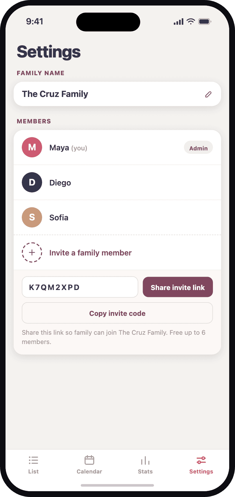Family members and shopping reminders in CartPatt settings