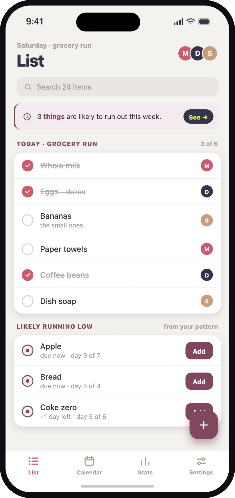 The shared CartPatt list, with the items the family is likely to run low on